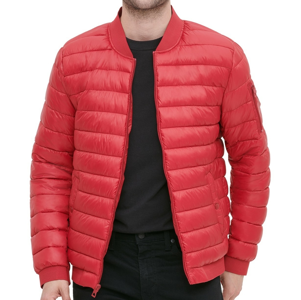 Guess Mens Quilted Bomber Jacket - Red/Medium